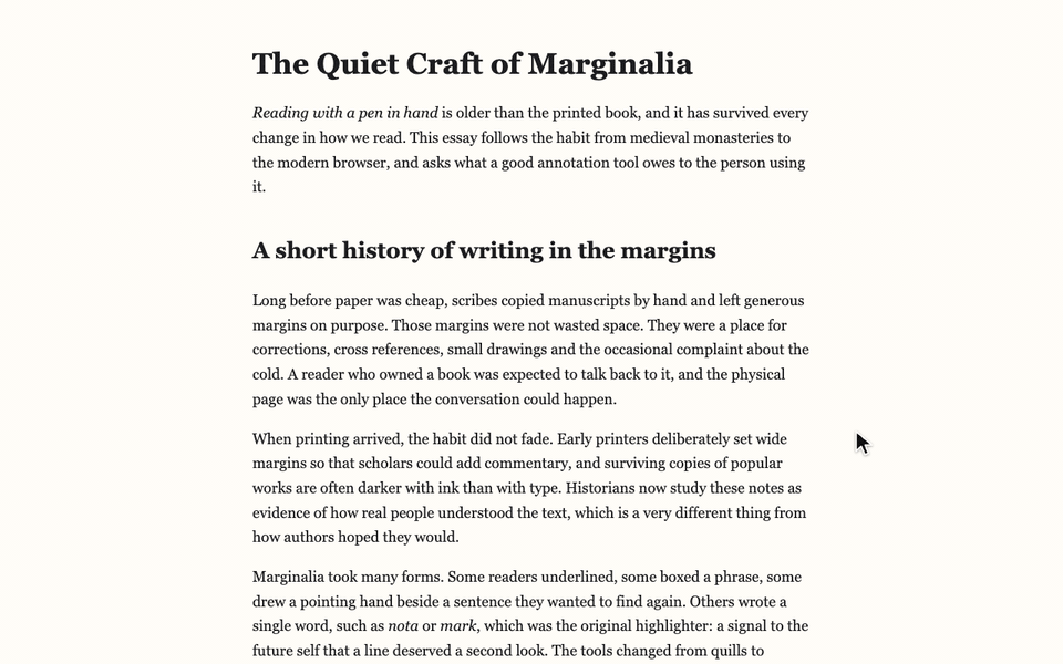 Hilite on an article page. A selected sentence has a toolbar of colour dots and a note button above it, and highlighted text shows in colour. The animated version also shows a note being added, then the popup listing the highlight.