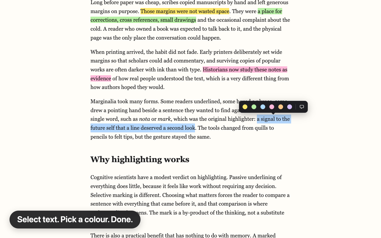 An article with three highlighted passages in yellow, green and pink. Hilite's toolbar, with six colour dots and a note button, floats above a selected sentence.