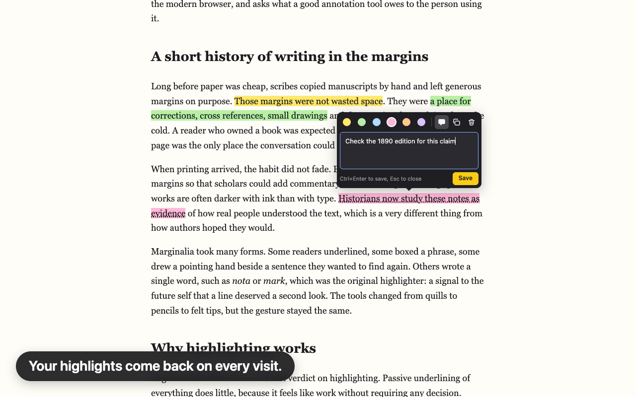 A highlight menu open on a pink highlight, with colour dots, note, copy and delete buttons, and a text box holding the note 'Check the 1890 edition for this claim'.