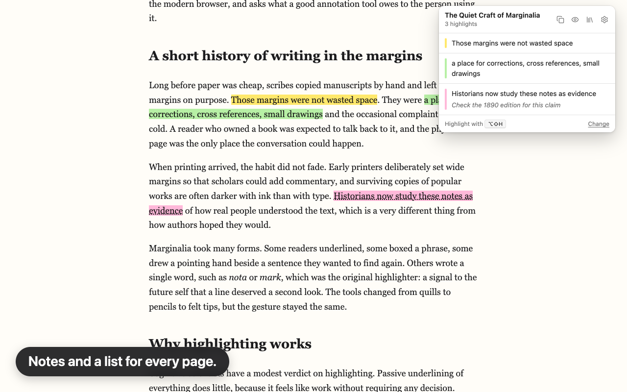 Hilite's popup beside an article, listing three highlights from the page with colour bars. One has a note. The footer shows the highlight shortcut.