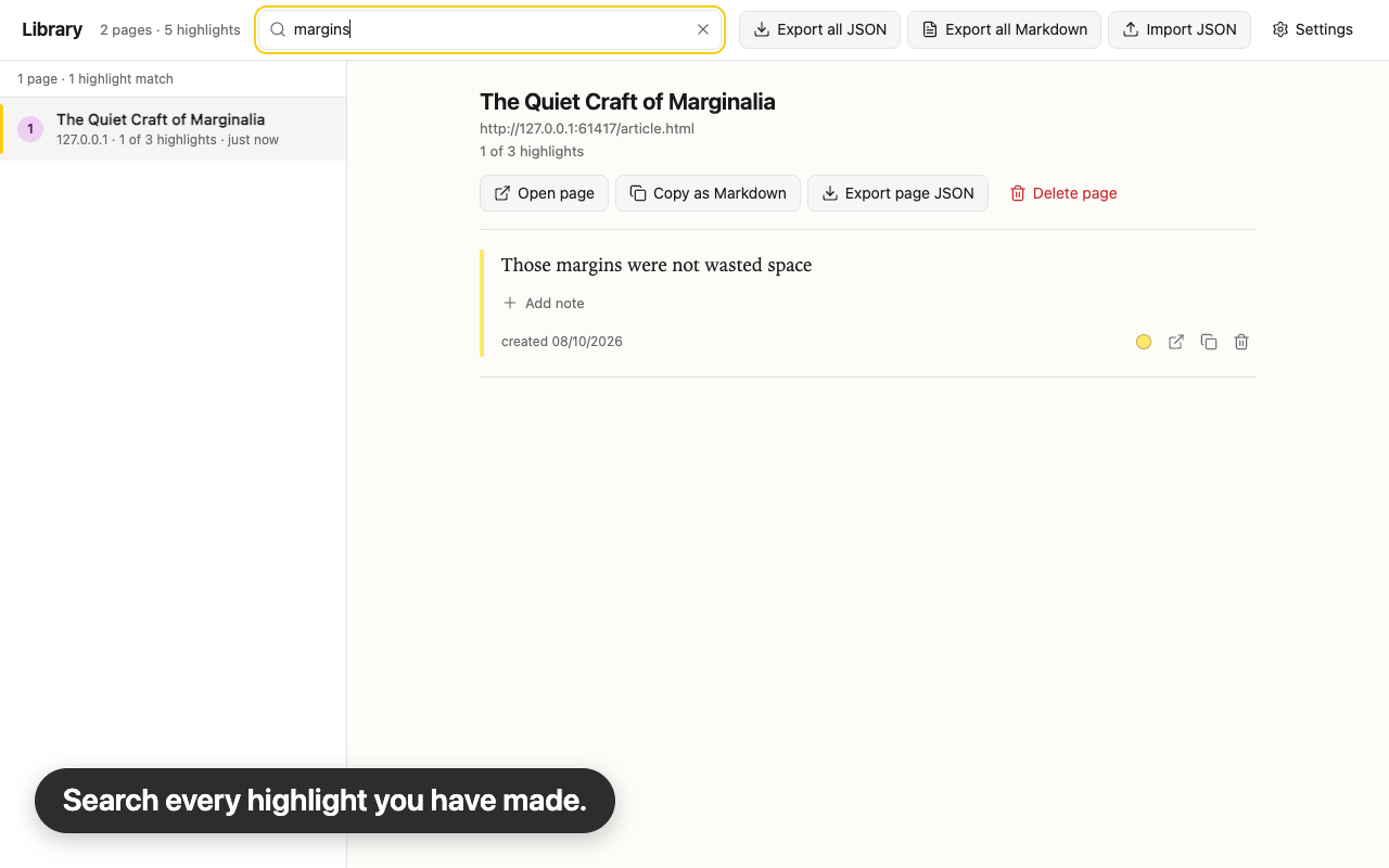 The Hilite Library. A list of pages on the left, and on the right one highlight found by searching for 'margins', with buttons to export all highlights as JSON or Markdown and to import JSON.