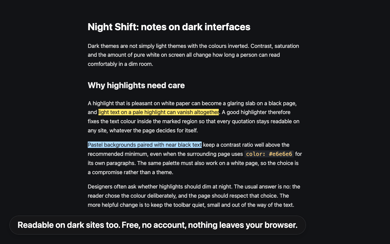 A dark web page with two highlights, one yellow and one blue, in dark text on pale colours so that both stay readable.